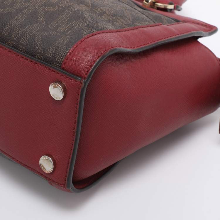 Pre Owned MICHAEL Michael Kors Brown/Red Signature Coated Canvas and Leather Tina Satchel