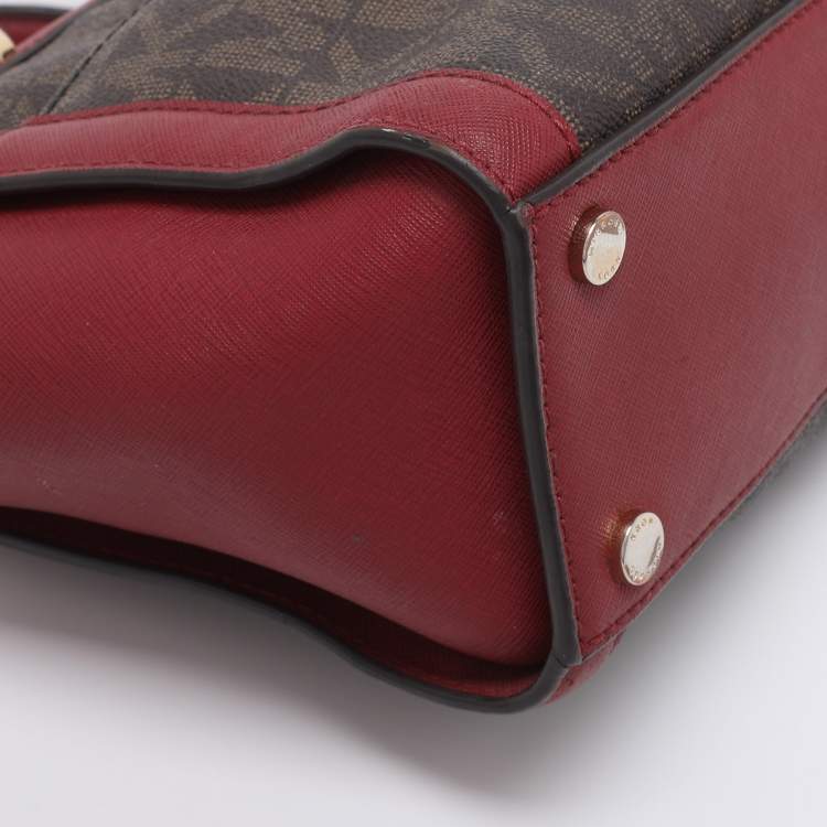 Pre Owned MICHAEL Michael Kors Brown/Red Signature Coated Canvas and Leather Tina Satchel