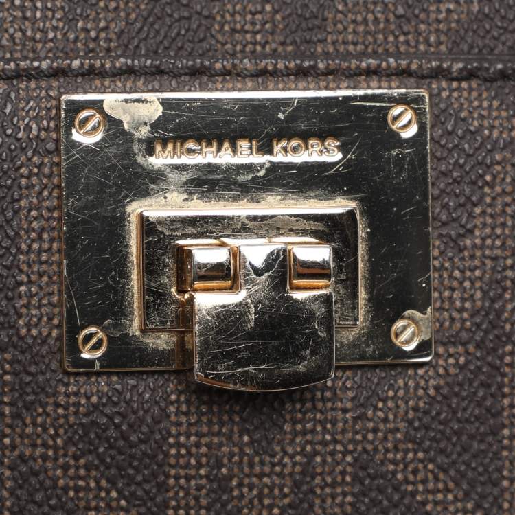 Pre Owned MICHAEL Michael Kors Brown/Red Signature Coated Canvas and Leather Tina Satchel