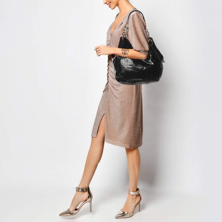 Pre Owned MICHAEL Michael Kors Black Python Effect Leather Fulton Hobo