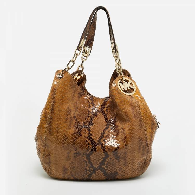 Pre Owned MICHAEL Michael Kors Brown Suede Python Effect Lillie Hobo