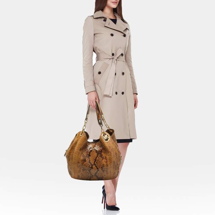 Pre Owned MICHAEL Michael Kors Brown Suede Python Effect Lillie Hobo