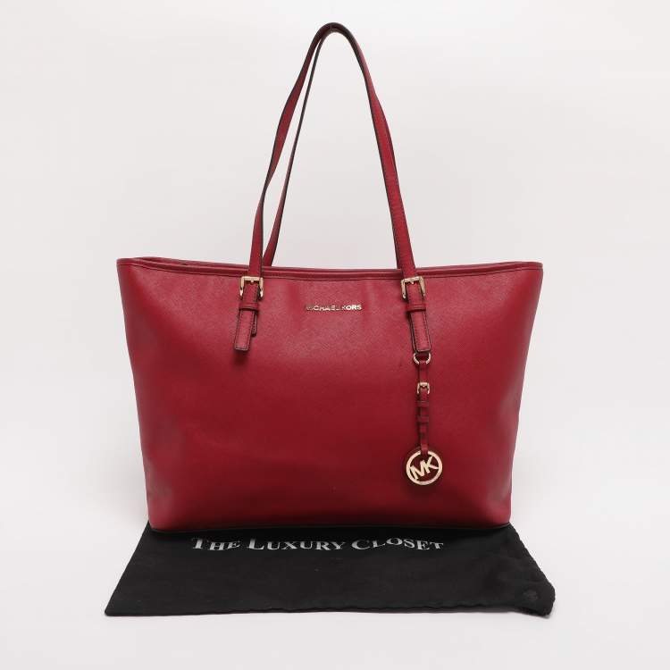 Pre Owned MICHAEL Michael Kors Red Saffiano Leather Large Jet Set Travel Tote