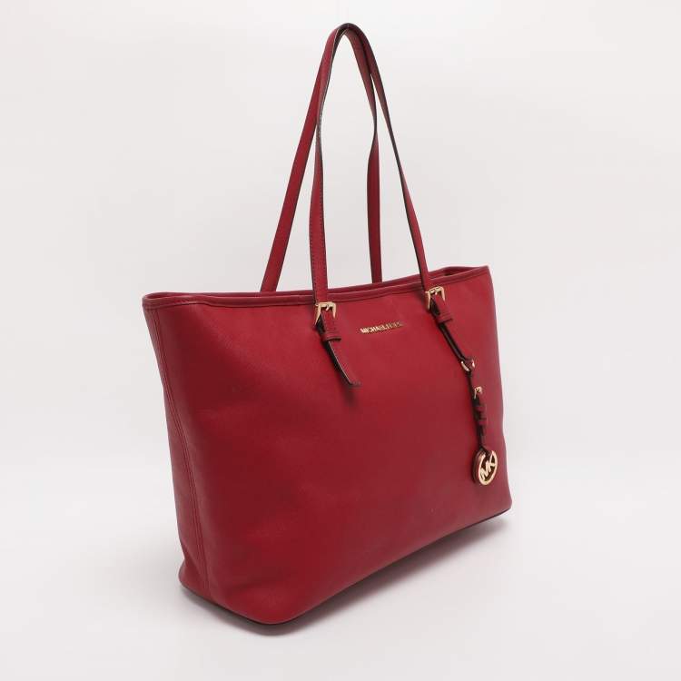 Pre Owned MICHAEL Michael Kors Red Saffiano Leather Large Jet Set Travel Tote