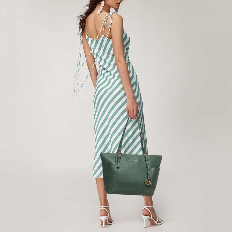 Pre Owned MICHAEL Michael Kors Green Leather Jet Set Top Zip Tote