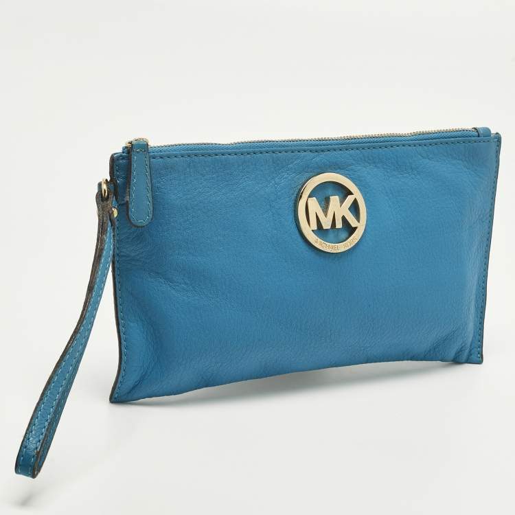 مملوكة مسبقًا MICHAEL Michael Kors Logo Blue Leather Wristlet Clutch