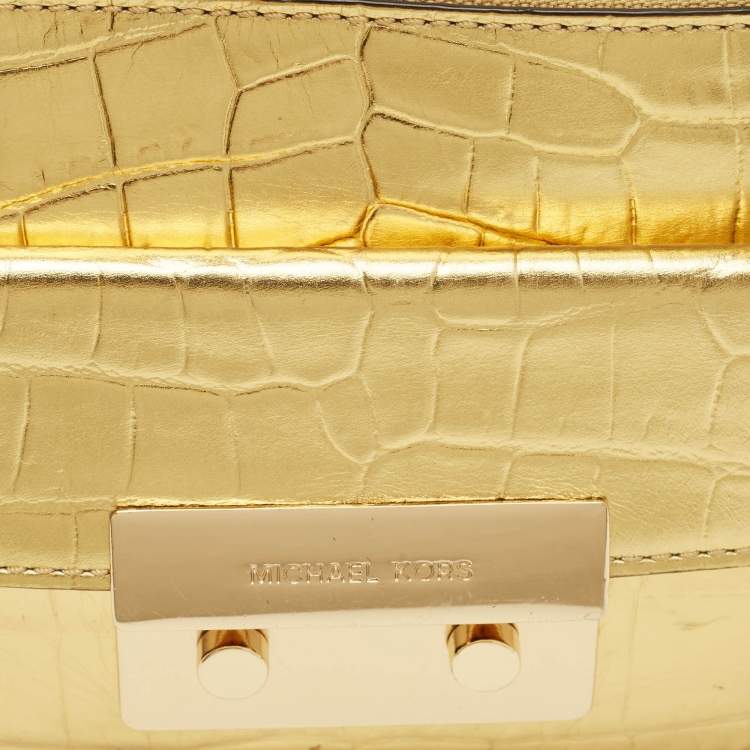 Pre Owned MICHAEL Michael Kors Flat Sloan Gold Croc Embossed Leather Shoulder Bag