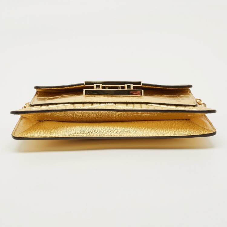 Pre Owned MICHAEL Michael Kors Flat Sloan Gold Croc Embossed Leather Shoulder Bag