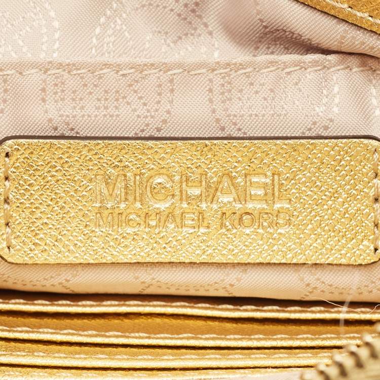 Pre Owned MICHAEL Michael Kors Flat Sloan Gold Croc Embossed Leather Shoulder Bag