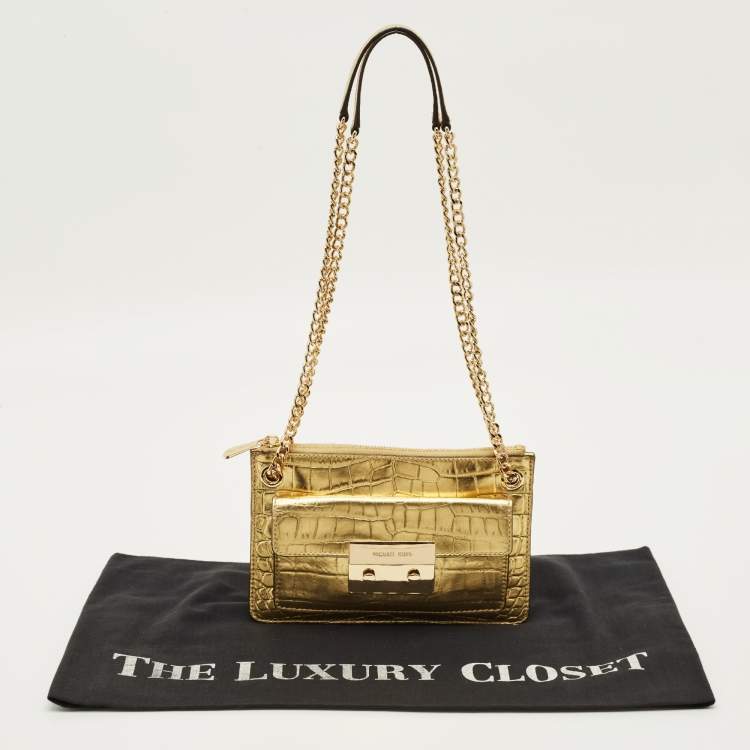 Pre Owned MICHAEL Michael Kors Flat Sloan Gold Croc Embossed Leather Shoulder Bag
