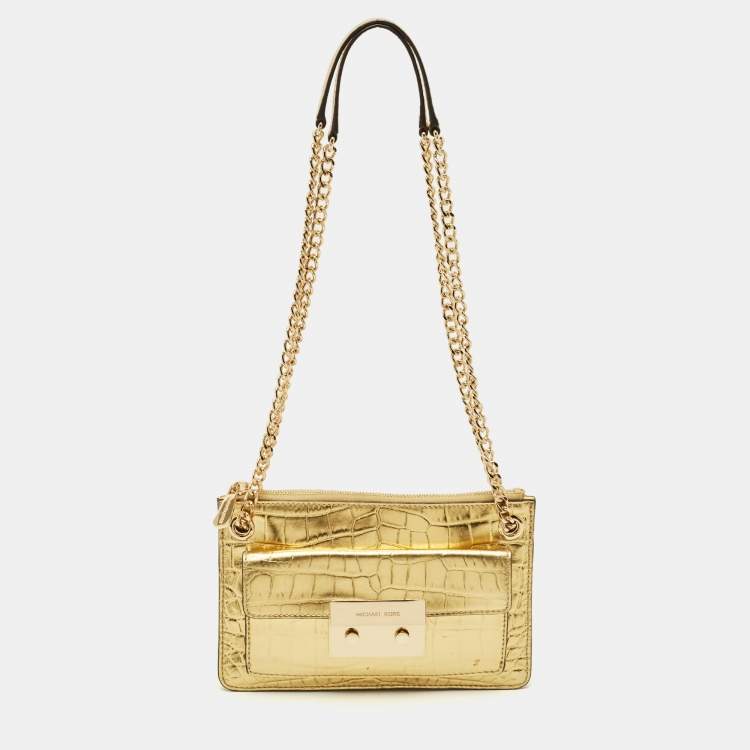 Pre Owned MICHAEL Michael Kors Flat Sloan Gold Croc Embossed Leather Shoulder Bag