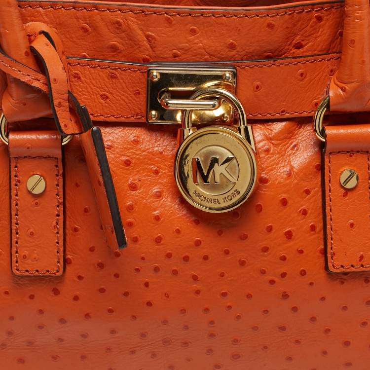 Pre Owned MICHAEL Michael Kors Hamilton Medium Orange Ostrich Embossed Leather Tote