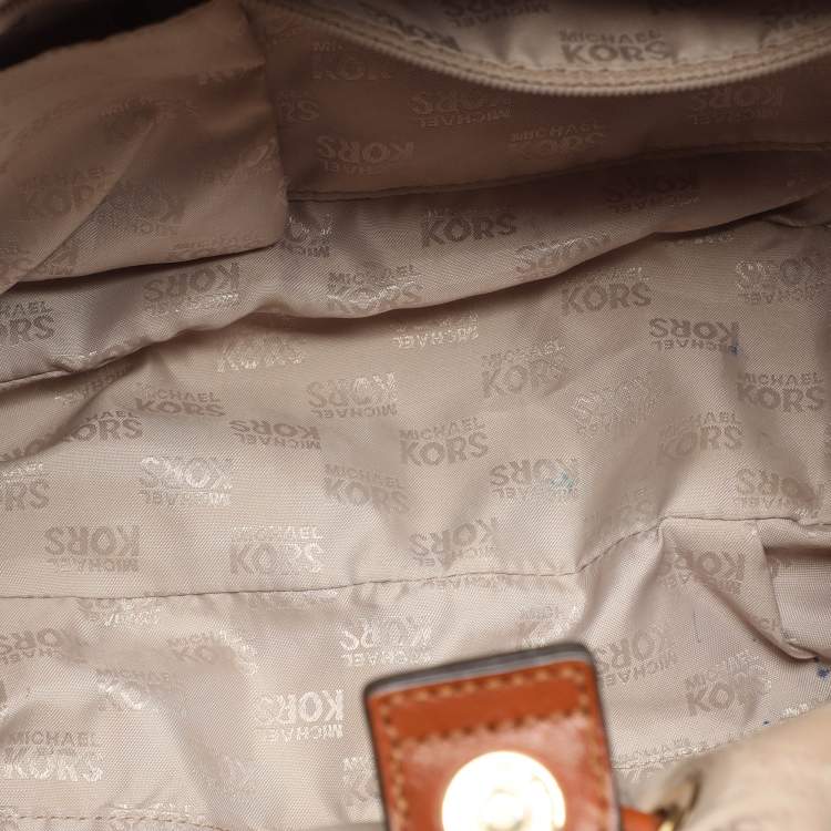 Pre Owned MICHAEL Michael Kors Ring Beige/Brown Signature Canvas and Leather EW Tote