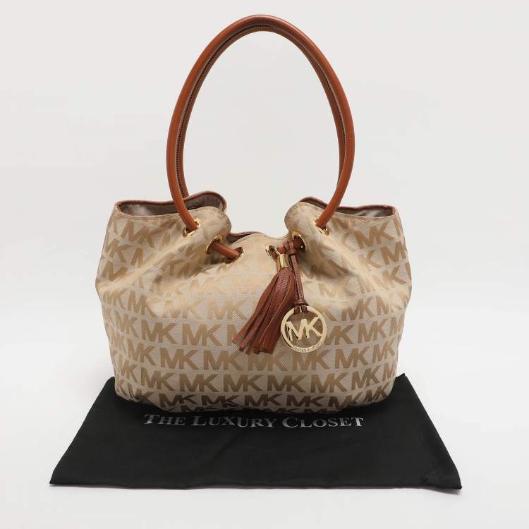 Pre Owned MICHAEL Michael Kors Ring Beige/Brown Signature Canvas and Leather EW Tote