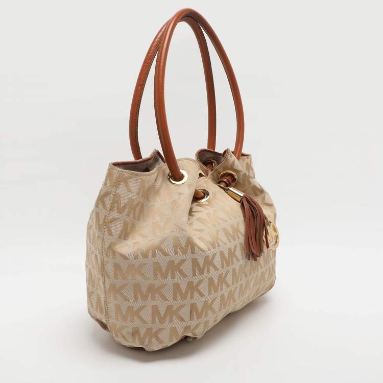 Pre Owned MICHAEL Michael Kors Ring Beige/Brown Signature Canvas and Leather EW Tote