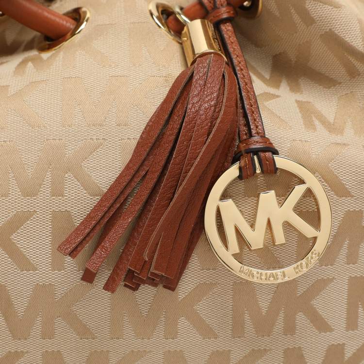 Pre Owned MICHAEL Michael Kors Ring Beige/Brown Signature Canvas and Leather EW Tote