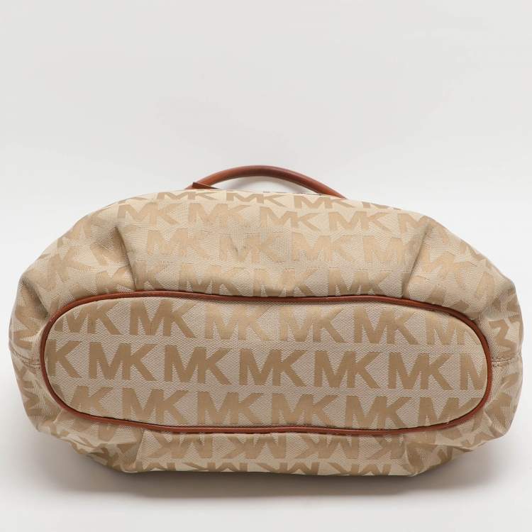 Pre Owned MICHAEL Michael Kors Ring Beige/Brown Signature Canvas and Leather EW Tote