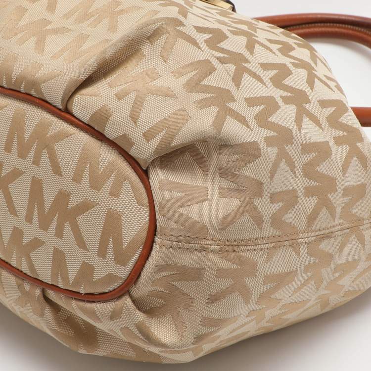 Pre Owned MICHAEL Michael Kors Ring Beige/Brown Signature Canvas and Leather EW Tote