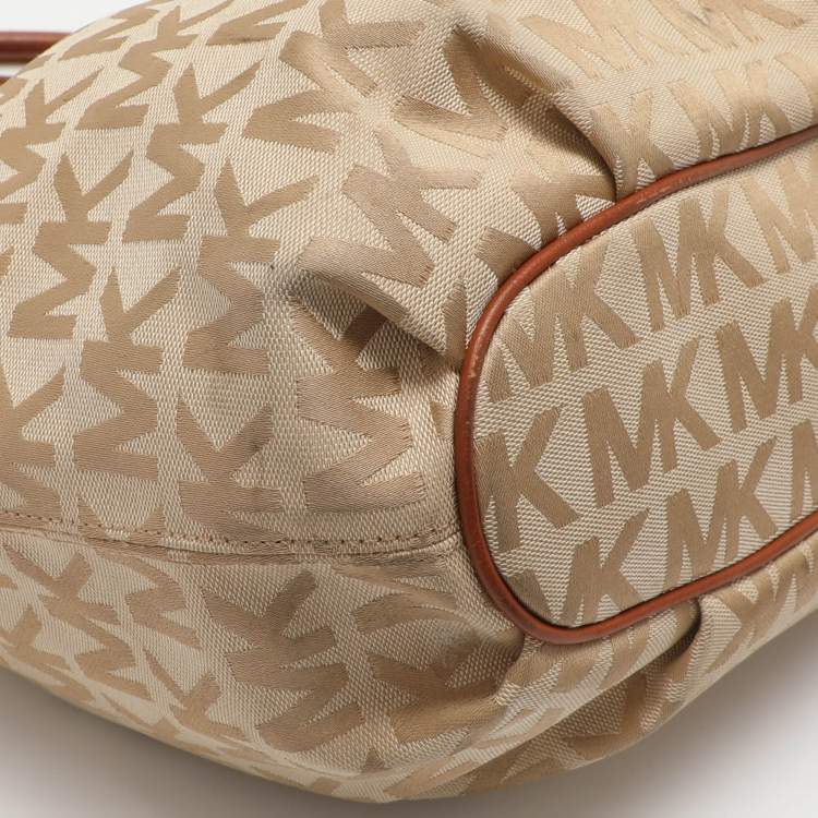 Pre Owned MICHAEL Michael Kors Ring Beige/Brown Signature Canvas and Leather EW Tote