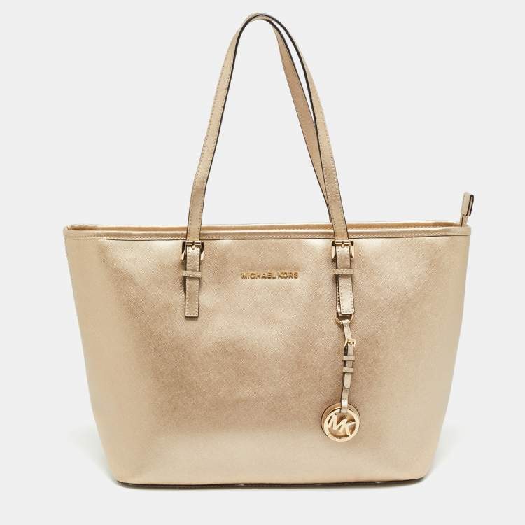 Pre Owned MICHAEL Michael Kors Jet Set Travel Pale Gold Leather Tote