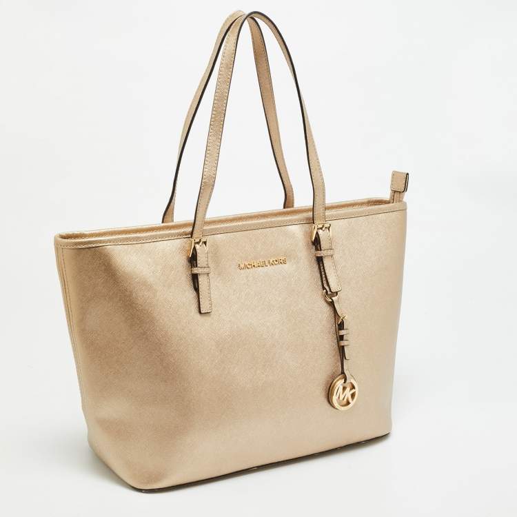 Pre Owned MICHAEL Michael Kors Jet Set Travel Pale Gold Leather Tote