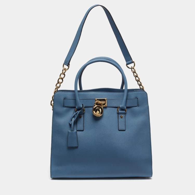 Pre Owned MICHAEL Michael Kors Hamilton North South Large Blue Saffiano Leather Tote