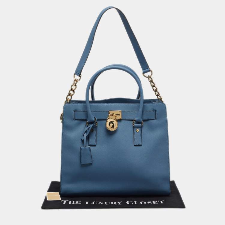 Pre Owned MICHAEL Michael Kors Hamilton North South Large Blue Saffiano Leather Tote