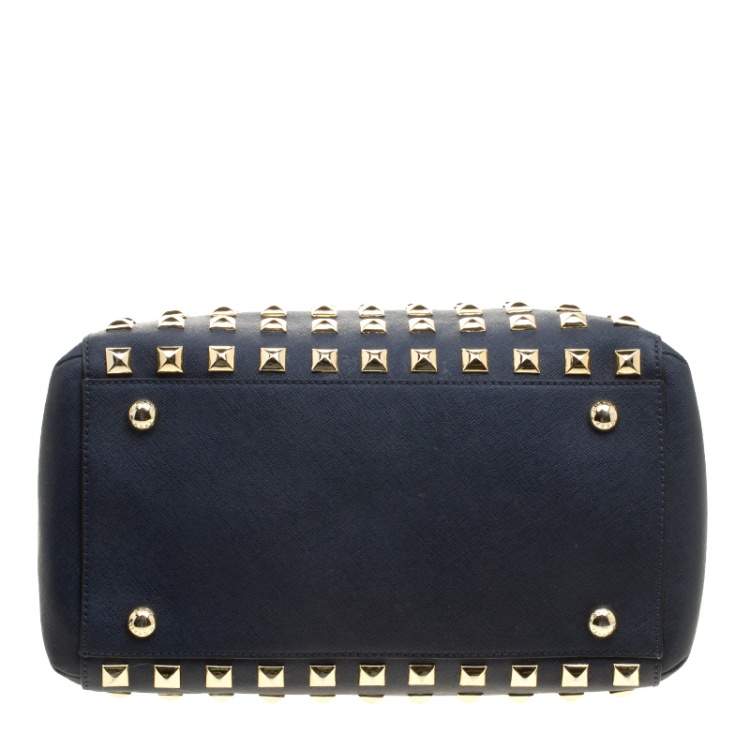 Pre Owned Michael Michael Kors Navy Blue Leather Studded Grayson Satchel