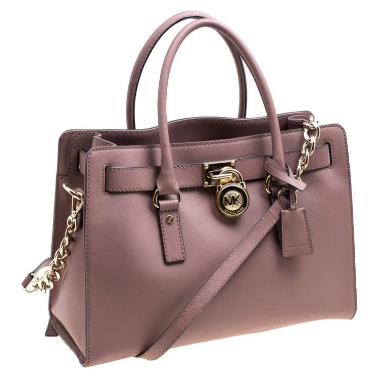 Pre Owned Michael Michael Kors Pale Pink Leather East West Hamilton Top Handle Bag