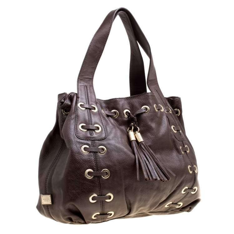 Pre Owned Michael Michael Kors Brown Leather Astor Grommet Drawstring Tote