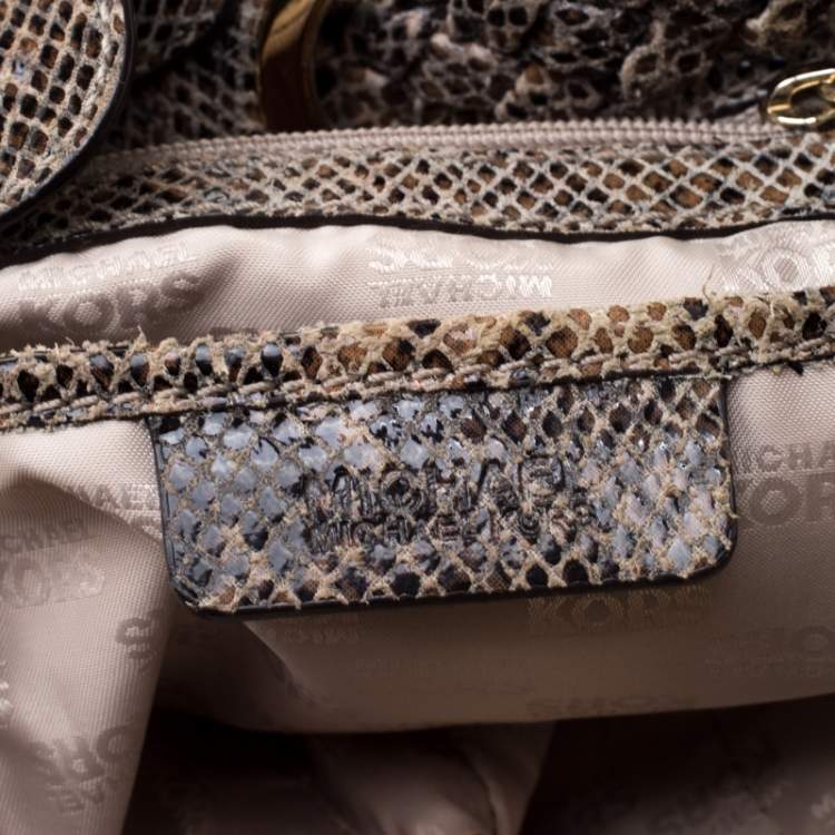 Pre Owned Michael Michael Kors Beige/Black Monochrome Python-Embossed Leather Tassel Hobo