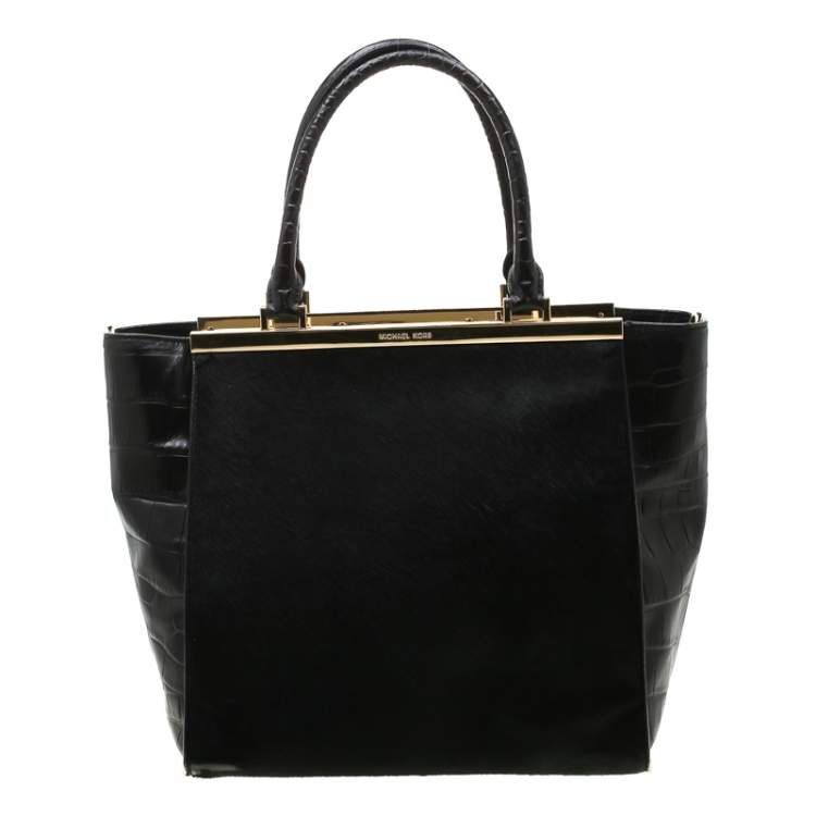 Pre Owned MICHAEL Michael Kors Black Calf Hair and Croc Embossed Leather Large Lana Tote