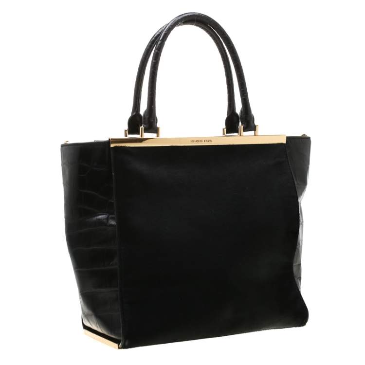 Pre Owned MICHAEL Michael Kors Black Calf Hair and Croc Embossed Leather Large Lana Tote