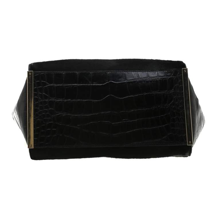 Pre Owned MICHAEL Michael Kors Black Calf Hair and Croc Embossed Leather Large Lana Tote
