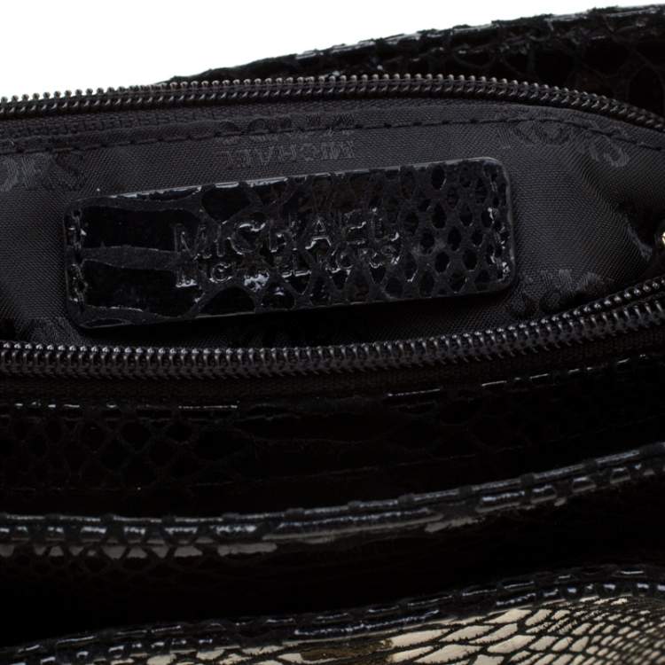 Pre Owned MICHAEL Michael Kors Black Python Embossed Patent Leather Turnlock Crossbody Bag