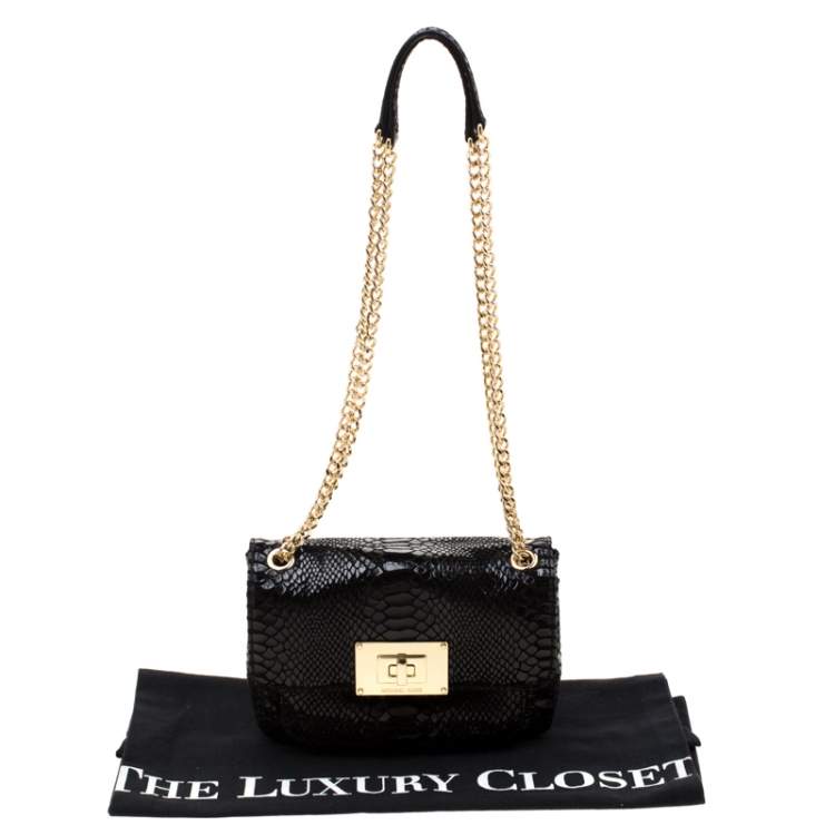 Pre Owned MICHAEL Michael Kors Black Python Embossed Patent Leather Turnlock Crossbody Bag