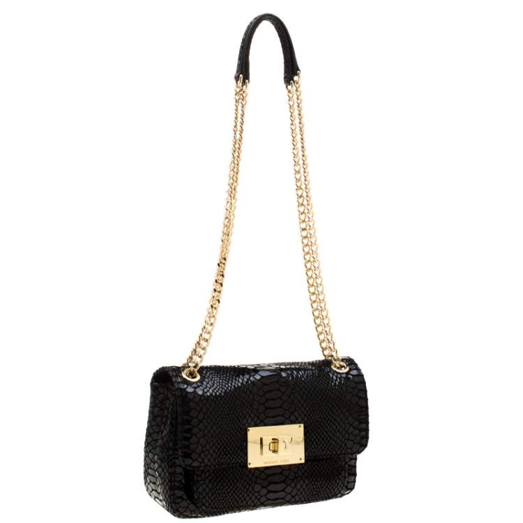 Pre Owned MICHAEL Michael Kors Black Python Embossed Patent Leather Turnlock Crossbody Bag