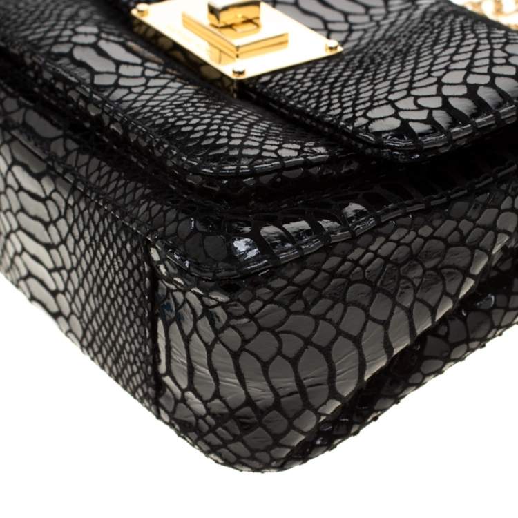 Pre Owned MICHAEL Michael Kors Black Python Embossed Patent Leather Turnlock Crossbody Bag