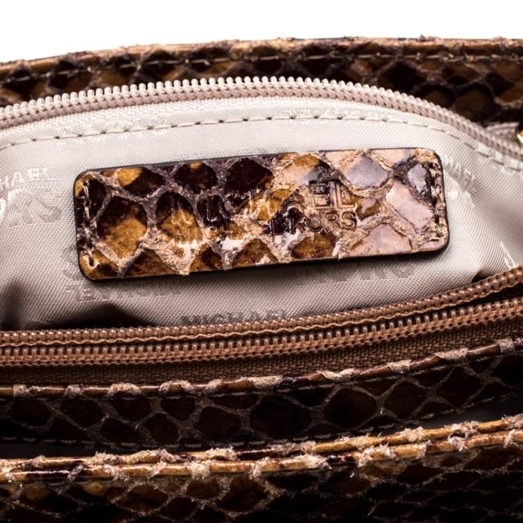 Pre Owned MICHAEL Michael Kors Brown Python Embossed Patent Leather Turnlock Crossbody Bag