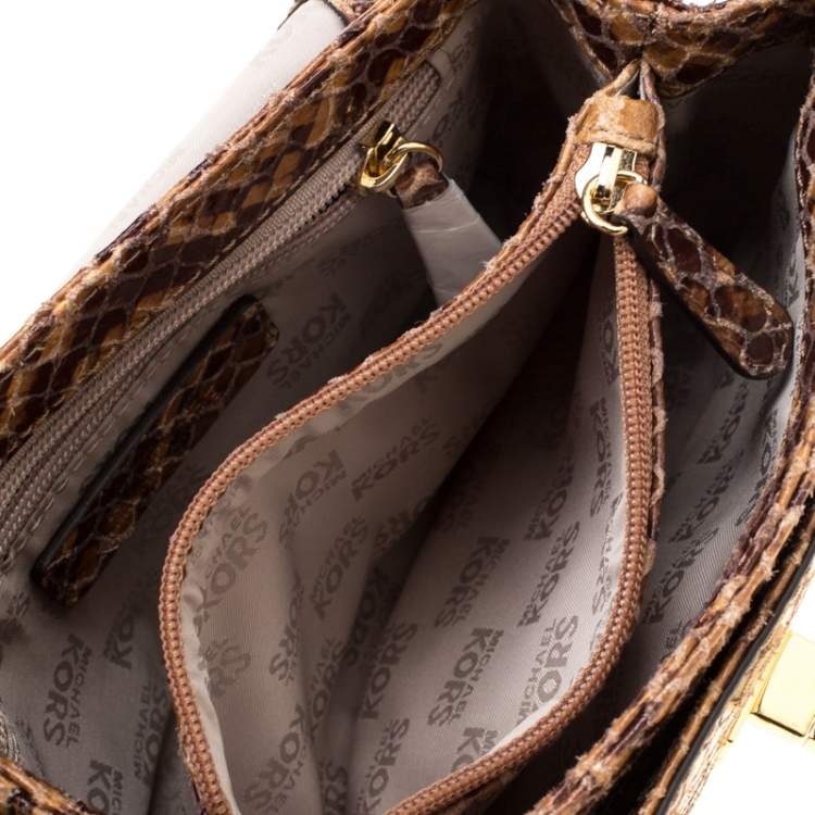 Pre Owned MICHAEL Michael Kors Brown Python Embossed Patent Leather Turnlock Crossbody Bag