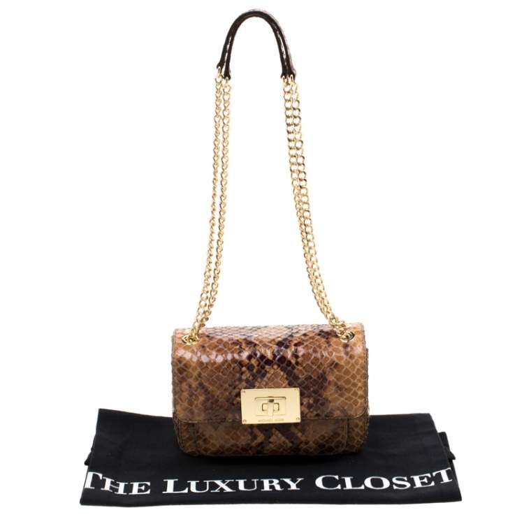 Pre Owned MICHAEL Michael Kors Brown Python Embossed Patent Leather Turnlock Crossbody Bag