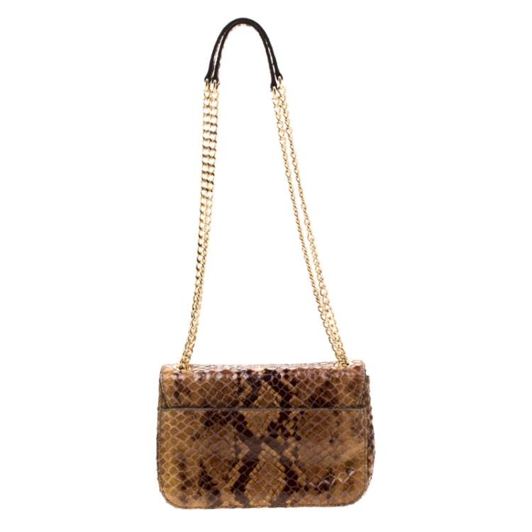 Pre Owned MICHAEL Michael Kors Brown Python Embossed Patent Leather Turnlock Crossbody Bag