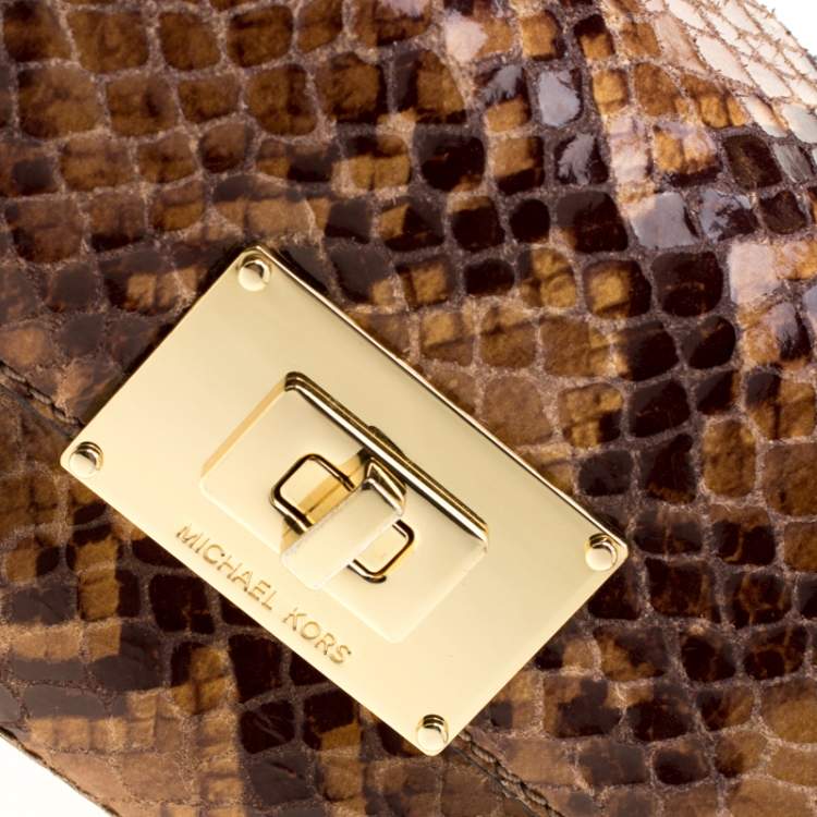Pre Owned MICHAEL Michael Kors Brown Python Embossed Patent Leather Turnlock Crossbody Bag