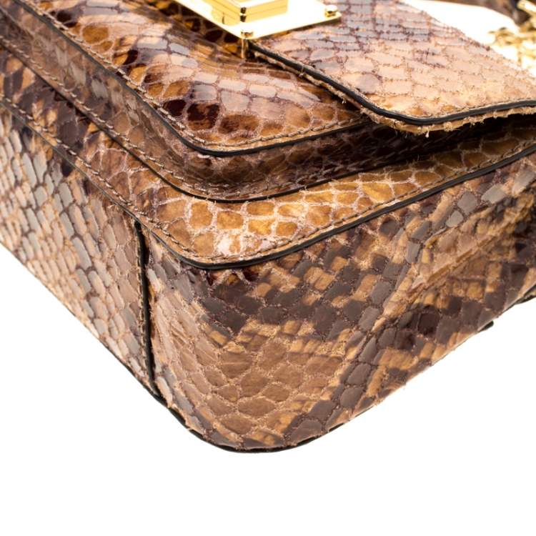 Pre Owned MICHAEL Michael Kors Brown Python Embossed Patent Leather Turnlock Crossbody Bag