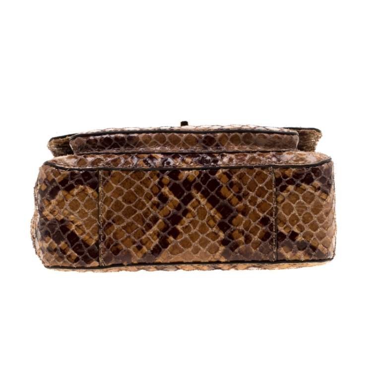 Pre Owned MICHAEL Michael Kors Brown Python Embossed Patent Leather Turnlock Crossbody Bag