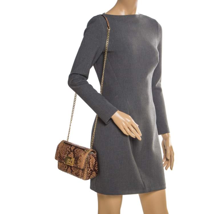 Pre Owned MICHAEL Michael Kors Brown Python Embossed Patent Leather Turnlock Crossbody Bag