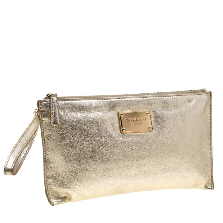 Pre Owned MICHAEL Michael Kors Gold Metallic Leather Wristlet