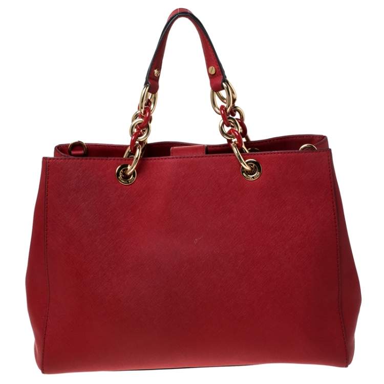Pre Owned MICHAEL Michael Kors Red Leather Large Cynthia Tote