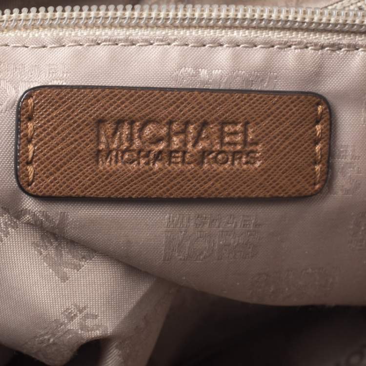 Pre Owned Michael Kors White/Brown Signature Coated Canvas Ciara Satchel