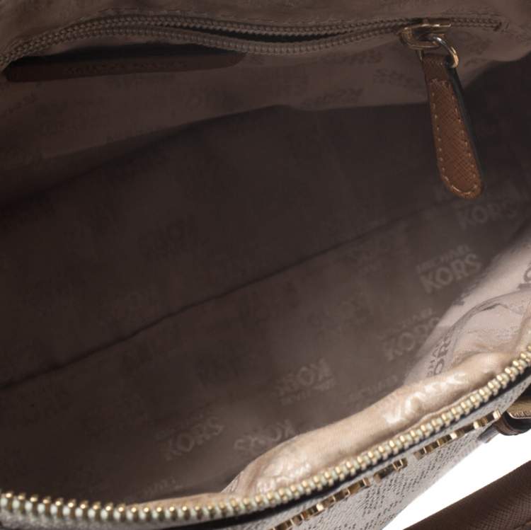 Pre Owned Michael Kors White/Brown Signature Coated Canvas Ciara Satchel